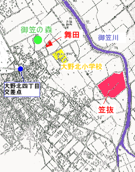 御笠の森とその周辺地図
