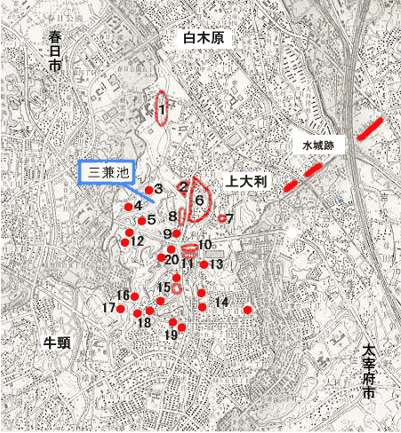 上大利地区の主な遺跡分布をしるした地図