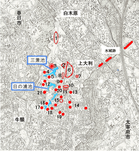 上大利地区の主な遺跡の分布をしるした図