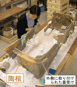 陶棺を復元している様子の写真