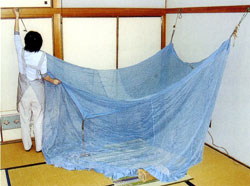 蚊帳をつるしている様子